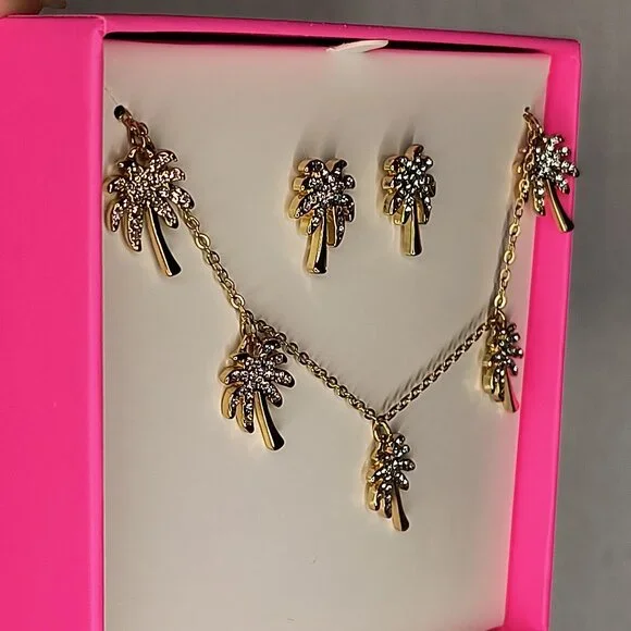 Lilly Pulitzer Sparkling Palm Trees Gift Set Necklace & Earrings Gold Tone - Picture 4 of 8